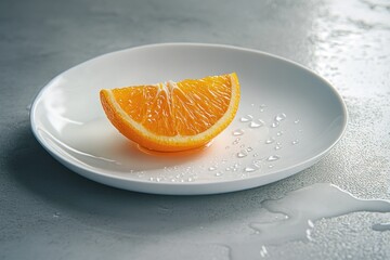 Poster - Juicy orange slice on a white plate with water droplets.