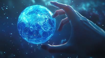 Poster - human arm or hand or palm is touching planet earth. digital image of globe. low poly blue. polygonal