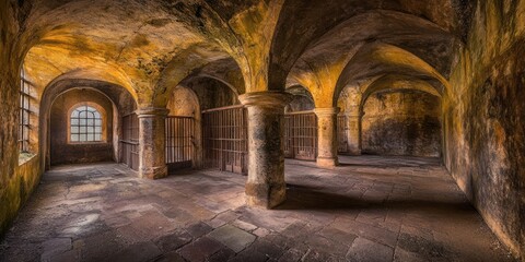 Poster - Ancient stone vaulted hallway with aged walls and window.