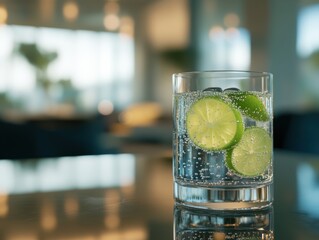 Poster - Sparkling water with lime slices in a glass on a reflective surface.