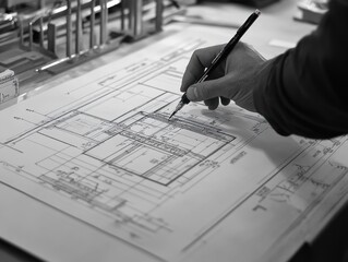 Poster - Close-up of hand drawing architectural blueprints.