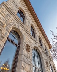 Poster - Low angle view of a historic stone building with arched windows and decorative elements against a clear blue sky.