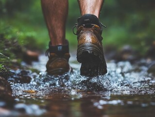 Poster - Close-up of hiker's boots splashing through shallow stream.