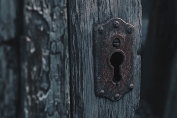 Aufkleber - Close-up of rusty keyhole on weathered wooden door.