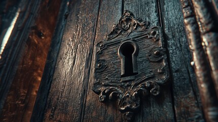 Poster - Close-up of an antique keyhole on a weathered wooden door.