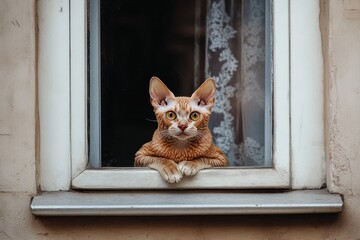 Poster - Curious orange cat peering from window.