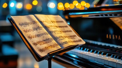 Poster - Sheet music rests on a music stand in front of a grand piano.