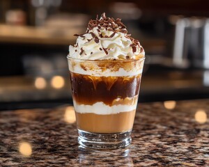 Poster - Iced coffee layered with whipped cream and chocolate shavings in a clear glass on a granite countertop.