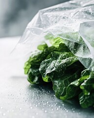 Wall Mural - Fresh lettuce leaves in a plastic bag with water droplets on a metallic surface.