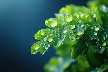 Fototapete - Close-up of vibrant green leaves with dew drops, illuminated against a dark blue background.