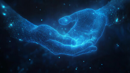 Poster - Two Digital Hands Holding Something. Blue Low Poly Wireframe Illustration on Dark Blue Background. Technology Concept. Abstract Human Gestures in Polygons, Connected Glowing Dots, Lines, and Triangles