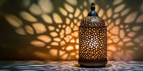 Aufkleber - Illuminated Moroccan lantern casting intricate shadows on a wall.