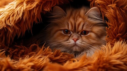 Poster - A ginger Persian cat peeking from a fluffy brown blanket.