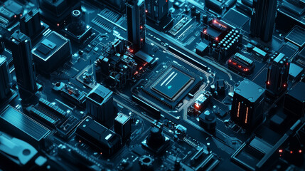 Poster - industrial robotic arms create ai a chip or a semiconductor on a dark blue background. robot and ai 