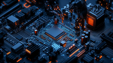 Poster - industrial robotic arms create ai a chip or a semiconductor on a dark blue background. robot and ai 