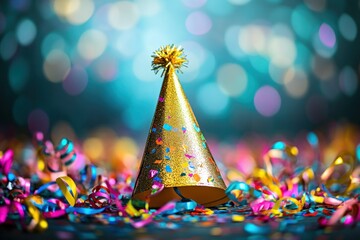 Poster - Golden party hat amidst colorful confetti and bokeh lights.