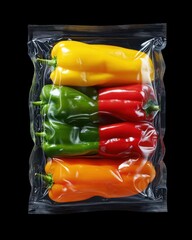 Wall Mural - Colorful bell peppers vacuum sealed in a transparent plastic bag against a black background.