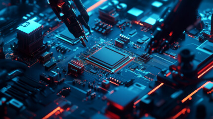 Poster - industrial robotic arms create ai a chip or a semiconductor on a dark blue background. robot and ai 
