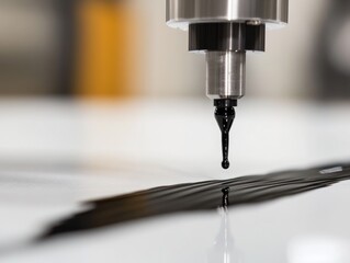 Poster - Close-up of a precision dispensing nozzle depositing a drop of black liquid onto a white surface.