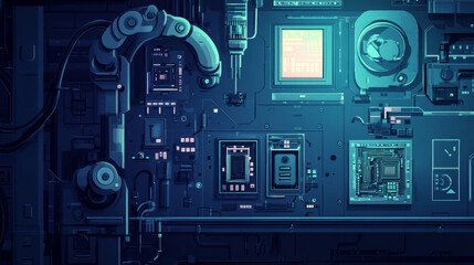 Poster - industrial robotic arms create ai a chip or a semiconductor on a dark blue background. robot and ai 