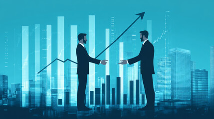 Poster - Chart graph with up arrow hologram and businessmen handshake on technology background. Rise chart bar. Stock market or growth business concept. Digital low poly light blue style. Vector illustration.