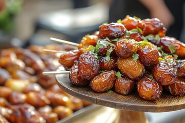 Poster - Close-up of glazed dates on skewers, arranged on a wooden stand.  Many dates are in the background.