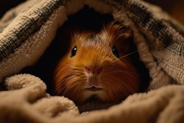 Poster - Cute guinea pig peeking from a cozy blanket.