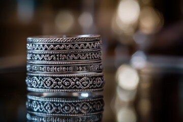 Poster - Stacked silver bangles with intricate designs, reflected on a dark surface.