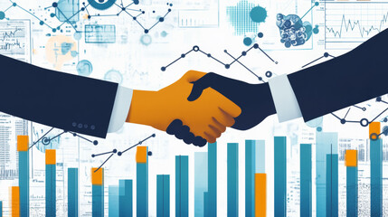 Poster - Chart graph with up arrow hologram and businessmen handshake on technology background. Rise chart bar. Stock market or growth business concept. Digital low poly light blue style. Vector illustration.