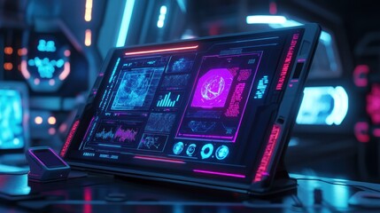 Fototapete - Futuristic tablet displaying data analytics and graphs in a neon-lit high-tech environment.