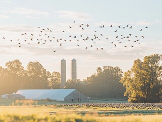 Poster - Sunrise over farmland with flock of birds flying over barns and turkeys.