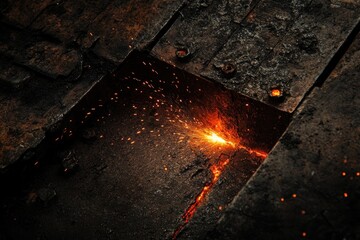 Aufkleber - Close-up of welding sparks on rusty metal surface.