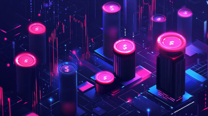 Poster - Digital stock exchange trading. Investment candle sticks and dollar coins in blue modern abstract polygonal style with 3D effect on the technological background. Low poly wireframe vector illustration