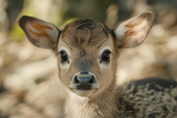 Aufkleber - Close-up portrait of a cute fawn with large ears and expressive eyes, looking directly at the camera in a natural forest setting.