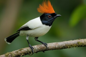 Poster - A vibrant bird with a striking orange crest perched on a branch, showcasing its unique plumage and captivating gaze.
