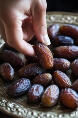 Poster - Close-up of a hand picking a date fruit from a bowl of dates.