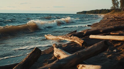 Poster - Driftwood on sandy beach with waves rolling in at sunset.
