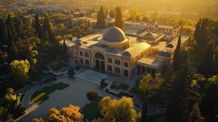 Aufkleber - Aerial view of a grand building complex at sunset, surrounded by lush greenery.