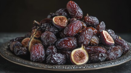 Poster - Close-up of a pile of dried figs and dates on an antique silver plate.