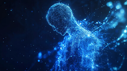 Poster - Abstract vector image of a human AI Brine. Low poly wireframe blue illustration on dark background. Lines and dots. RGB Color mode. Best idea concept. Polygonal art.