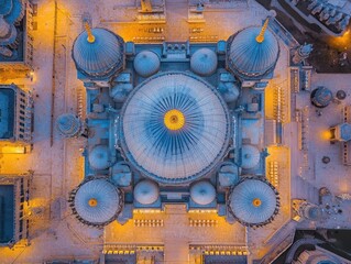 Poster - Aerial view of a grand mosque at night, illuminated domes and intricate architecture.