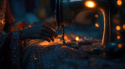Aufkleber - Close-up of hands operating a vintage sewing machine, illuminated by warm light, working on ornate fabric.