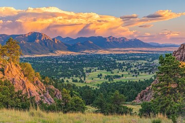 Poster - Scenic sunset view of a mountain range, valley, and forest from a rocky vantage point.