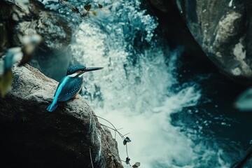 Poster - Vibrant blue kingfisher perched on rock near cascading waterfall.