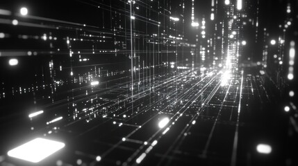Poster - Abstract digital tunnel of glowing lines and data streams in dark space.