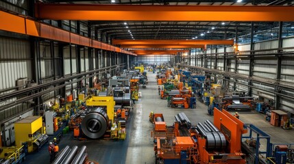 Aufkleber - High-angle view of a large industrial factory interior with extensive machinery and workers.
