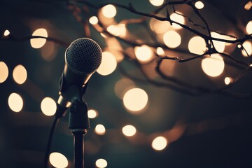 Aufkleber - close-up of a microphone on a stand against a bokeh background of warm fairy lights.