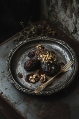 Poster - Delicious dates stuffed with walnuts, drizzled with honey, served on an antique silver plate.