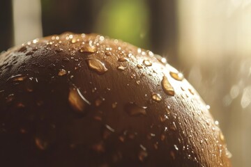 Poster - Close-up of water droplets on a smooth, brown surface.