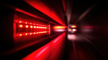 Leinwandbilder - Red lights blur in dark tunnel, fast motion.